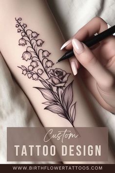 🌸✨Lily of the Valley and Rose Flower Tattoo: Elegant Birth Flower Design✨🌹 British Flower Tattoo, Lily Of The Valley And Rose Tattoo, Bundle Of Flowers Tattoo, Primrose Flower Tattoo, June Birth Flowers, Primrose Tattoo, Rose Flower Tattoo, Lily Of The Valley Tattoo