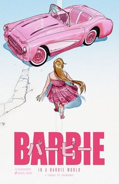 an advertisement for barbie's pink convertible car, with the word barbie on it