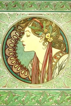 a woman's face is depicted in an art nouveau style painting on green paper