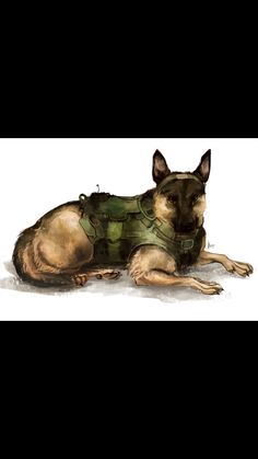 a drawing of a dog laying on the ground wearing a green vest and leashes