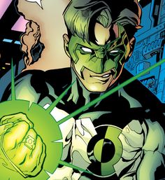 the green lantern is in front of a cityscape and has his hands out