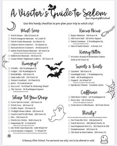 a printable halloween guide to salem with bats and ghost faces on the back ground