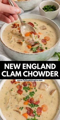 two bowls filled with soup next to each other and the words new england clam chowder