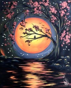 a painting of a full moon over the water