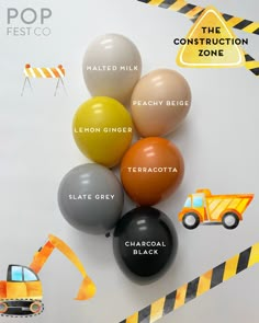 there are many balloons with construction zone labels on the bottom one is orange, yellow and gray