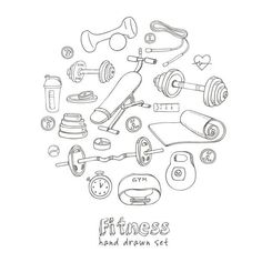 the fitness hand drawn set with dumbbells, kettles and other equipment illustration