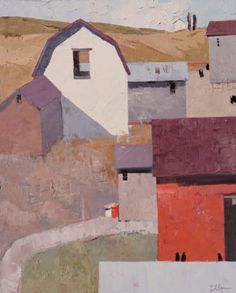 an abstract painting of houses and hills