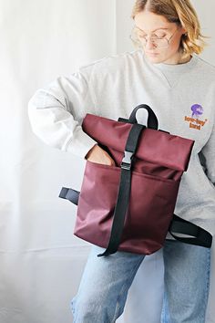 Roll top backpack for Women Cordura Backpack for Men Rolltop Backpack Vegan Backpack Gift for him Roll top rucksack Vegan Laptop Backpack If you are looking for casual everyday backpack - this is the right place! This Roll top backpack in Burgundy colour is a perfect everyday accessory: minimalist design is easy to style and goes with everything. Rolltop backpack is great for college, school, work or short trips.   *  100% vegan and cruelty free. *  Strong synthetic waterproof material Cordura, Burgundy Colour, Backpack Gift, Faux Leather Bag, Vegan Leather Bag