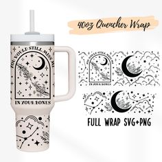 a white travel mug with an image of the moon and stars on it