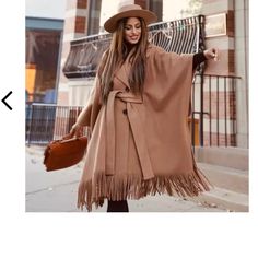 Gorgeous Button Down Coat With Fringe- Never Word With Tags Oversized Winter Workwear Poncho, Winter Workwear Oversized Poncho, Oversized Winter Poncho For Work, Chic Fall Cape Outerwear, Fall Workwear Poncho Cape, Chic Fall Poncho Cape, Oversized Beige Cape Outerwear, Casual Fall Cape For Workwear, Casual Fall Workwear Cape