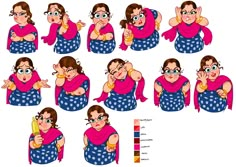 a woman in various poses with different expressions on her face and hands, including the expression of