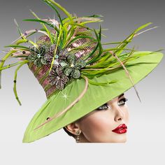 The season calls for brilliant color. The 4″ brim of this classic boater shape hat is artfully draped in luxurious fabric. The crown is swathed in sequins and peppered with crystal dust. Feathers and jewel flowers finish this stunning look. The adjustable sweat band allows for different head sizes. Green-Pink. Jeweled Flowers, Church Suits And Hats, Drag Queen Outfits, Dressy Hats, Derby Fashion, Large Brim Hat, Derby Outfits, Gardening Hat, Types Of Hats