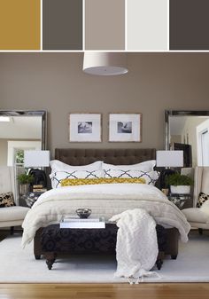 a bedroom with brown walls, white bedding and yellow accents in shades of gray