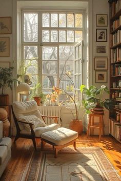 a living room filled with furniture and bookshelves next to a window covered in plants