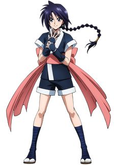 an anime character with long black hair and blue eyes, holding a pink ribbon around her neck