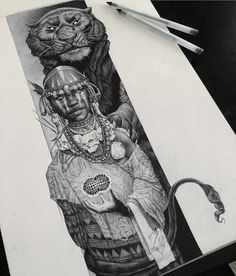 a pencil drawing of a woman with a tiger on her shoulder