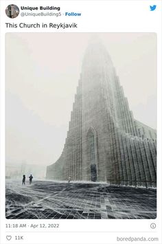 an image of people walking in front of a church on a foggy winter day