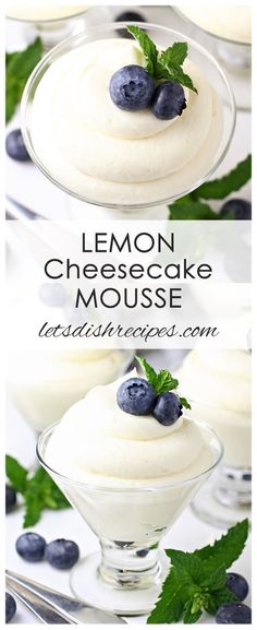 lemon cheesecake mousse with blueberries and mint leaves in a glass dish