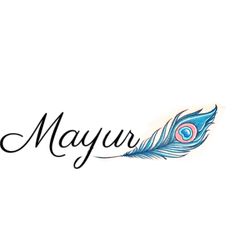 the word mayur written in black ink with a blue feather