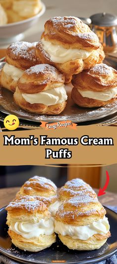 two different views of pastries on a plate with the words mom's famous cream puffs