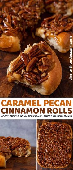 caramel pecan cinnamon rolls on a wooden cutting board with the title above it