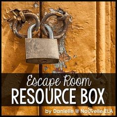 an open lock on a door with the words escape room resources box written below it