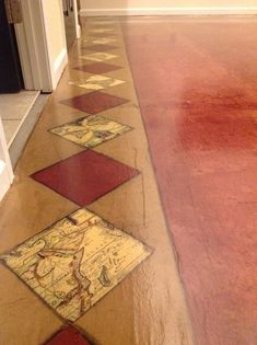 the floor is covered in red and yellow tiles, with an arrow pattern on it