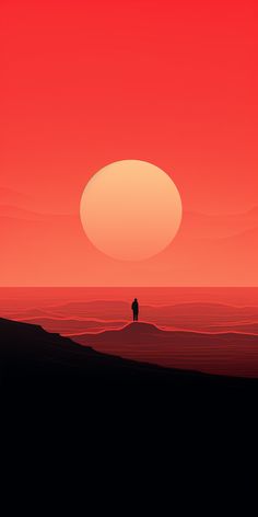 a person standing on top of a hill under a red sky with the sun in the distance