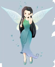 a fairy with long black hair and green dress is holding her hand to her face