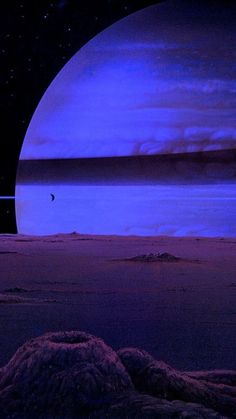 an artist's rendering of a distant planet in the distance, with a bird flying over it