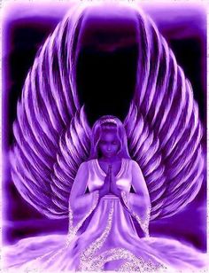 an angel with purple wings sitting in front of a black background