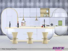 an image of a kitchen setting with stools in the foreground and cabinets in the background