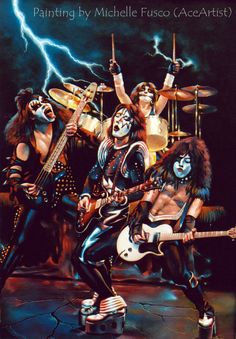 the band kiss performing on stage with their guitars