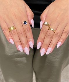 Light Pink Oval Acrylic Nails, Baby Pink Oval Nails, Pale Pink Pearl Nails, Pale Pink Nails Almond Shape, Baby Pink Almond Nails, Pink Nails Almond, Pink Almond Nails, Ballet Pink Almond Nails, Almond Nails Pale Pink