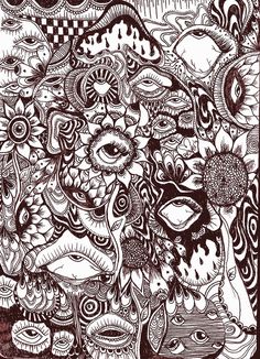 an artistic drawing with many different things in black and white on the bottom half of it