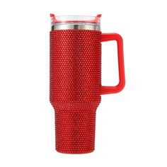 a red travel mug with handle on a white background