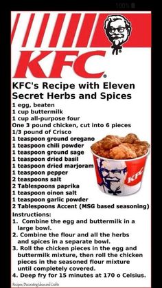 an advertisement for kfc's recipe with eleven secret herbs and spices