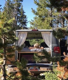 two people sleeping in the back of a pick up truck with trees around them and a tent on top