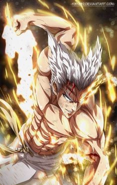 an anime character with white hair and red eyes, holding his arms out in the air