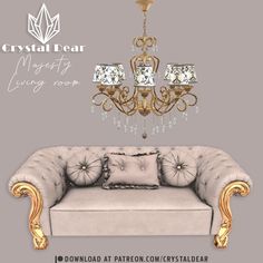 a couch and chandelier in a living room with the words crystal dear on it