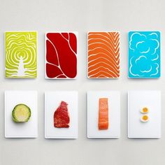 four different types of sushi are displayed on the wall