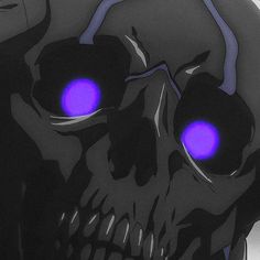 a skull with glowing blue eyes is shown in black and purple colors on its face