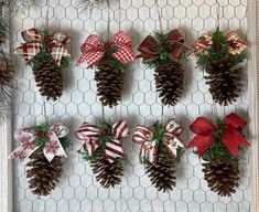 pine cones and bows are hung on the wall in front of a chicken wire fence