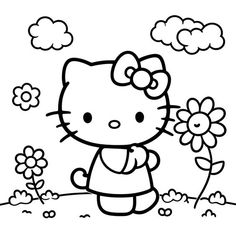 the hello kitty coloring page is full of cute animals and flowers, including daisies