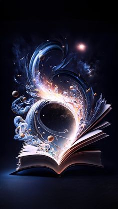 an open book with the shape of a heart on it's cover, in front of a dark background