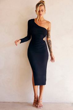 Sheer Glow Midi Dress - Black Black One Shoulder Club Dress, Black Midi Dress For Club, Black One-shoulder Dress For Date Night, One Shoulder Black Dress For Date Night, Winter Rehearsal Dinner Dress, New Frock, Frock Designs, Denim Playsuit, Dressy Dresses