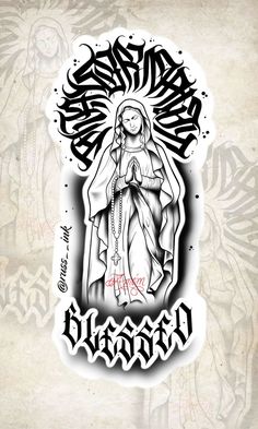 an image of the virgin mary tattoo design on a white paper with black ink and red ink