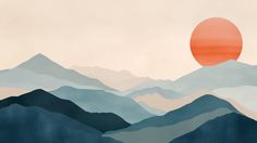 a painting of mountains with the sun rising over them