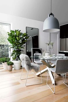 an image of a dining room setting with white furniture and wood flooring in the background