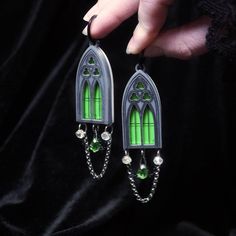 Make a statement with these gothic style Chandelier Window Earrings. These earrings are wearable art that will add a touch of edgy and unique style to any outfit. Let your personality shine with these bold, eye-catching earrings. (Perfect for your inner goth girl!) Gothic Polymer Clay Earrings, Cathedral Jewelry, Gothic Oc, Idea Lab, Rain Earrings, Witchy Earrings, Spooky Earrings, Green Windows, Alternative Gifts